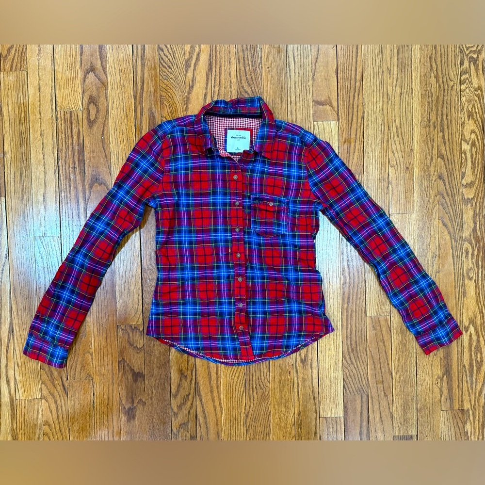 Abercrombie Kids Red Blue Plaid Button Down Shirt Girls size XL Preppy